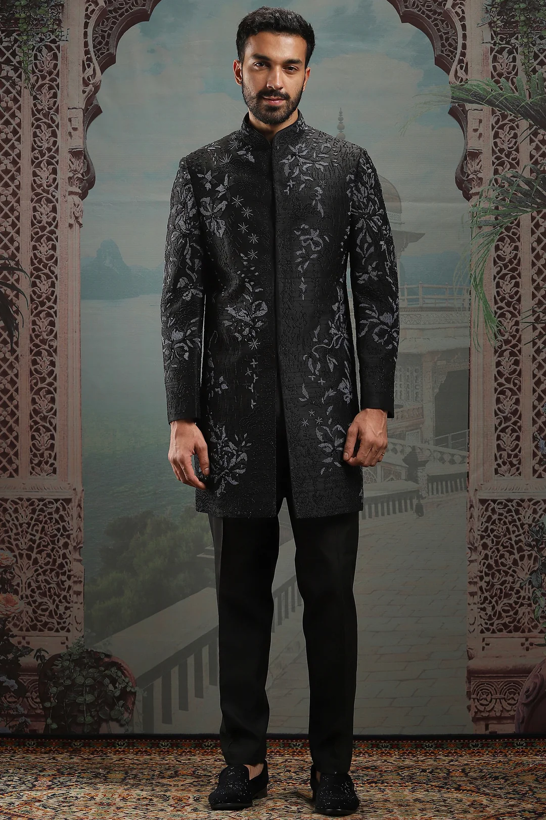 Raw Silk Embroidered Sherwani - Image 3