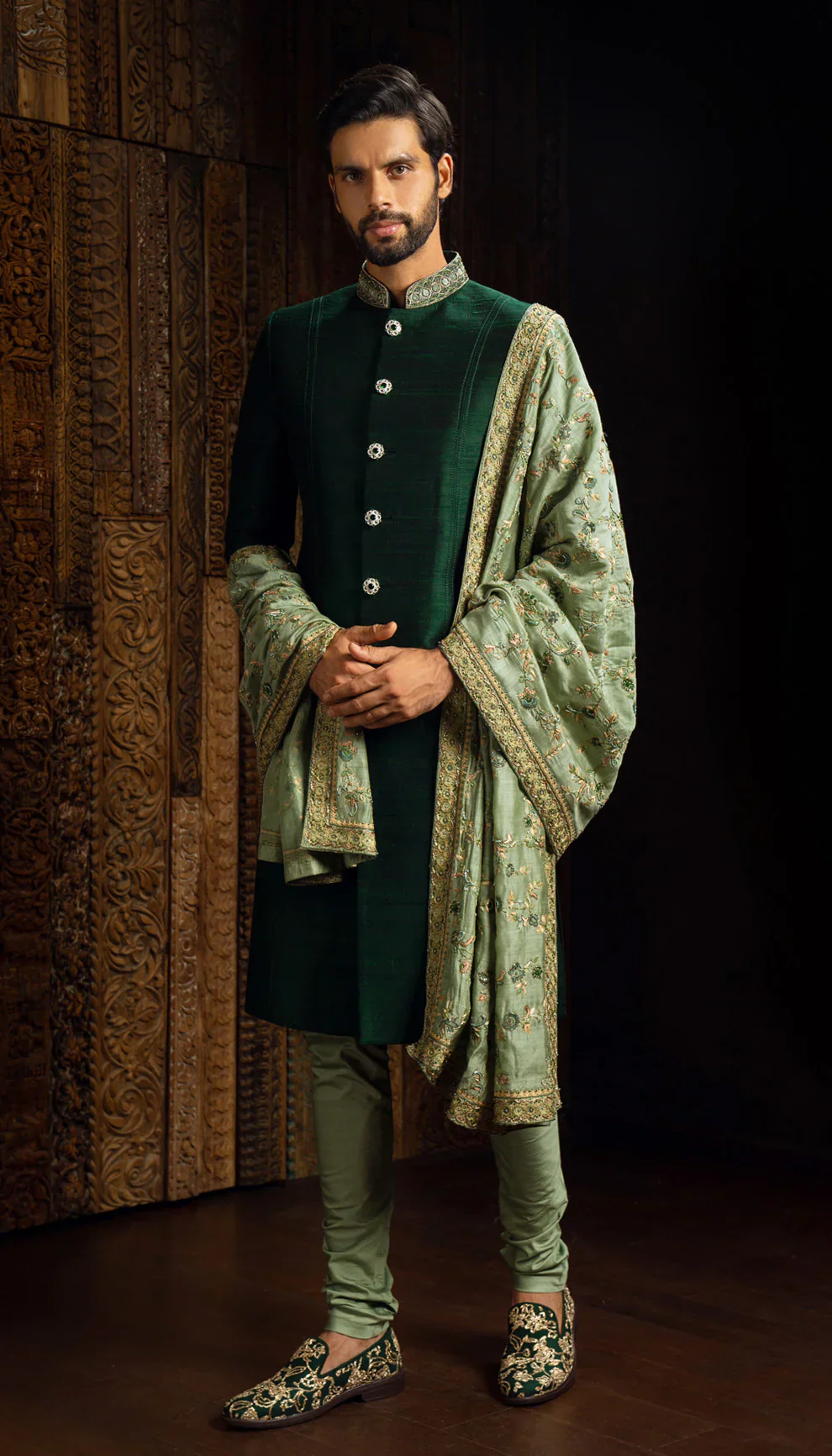 Raw Silk Embroidered Sherwani - Image 2